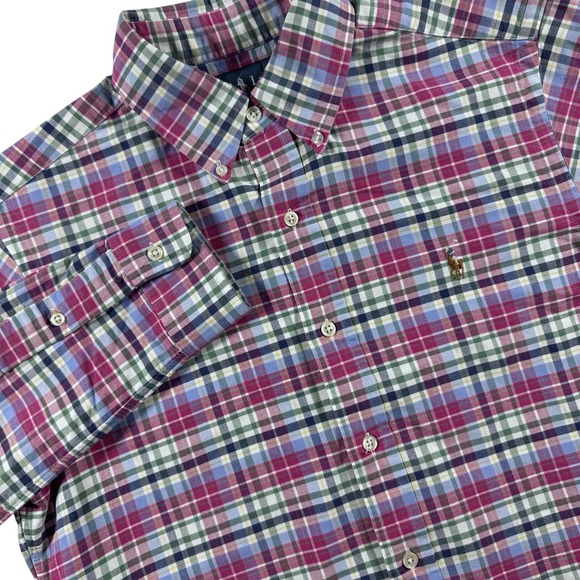 Polo Ralph Lauren Button Down Oxford Shirt Mens S Pink Blue Plaid Flesh Pony - Picture 1 of 6